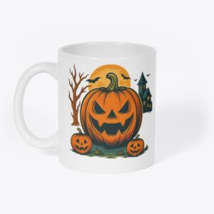Spooky Pumpkin Halloween Mug Design – Haunted Night, Flying Bats & Vintage Orange Jack-O’-Lantern Art