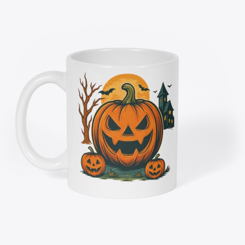Spooky Pumpkin Halloween Mug Design – Haunted Night, Flying Bats